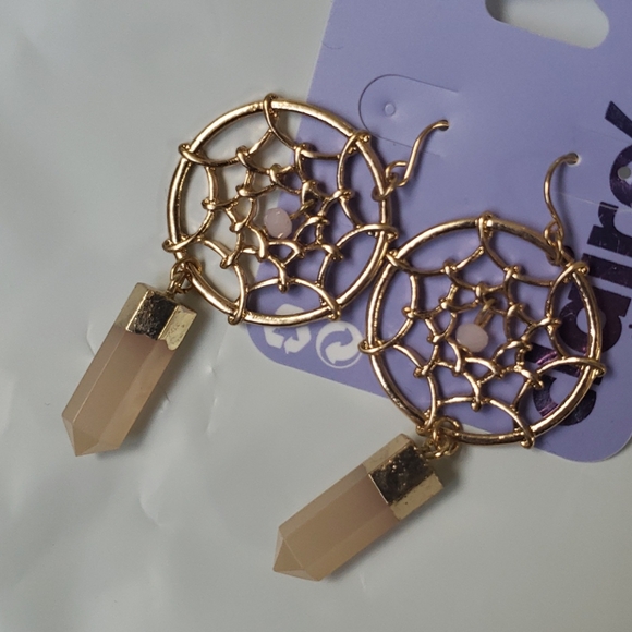 Rose Quartz Crystal Gold Dreamcatcher Earrings NEW - Picture 4 of 6
